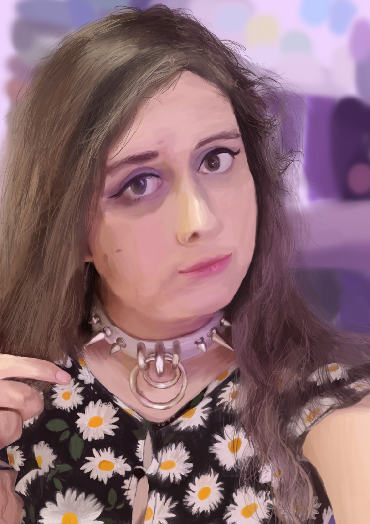 Digital painting of a young woman with wavy brown hair, eyeliner, a white choker and a black dress with a floral pattern. 